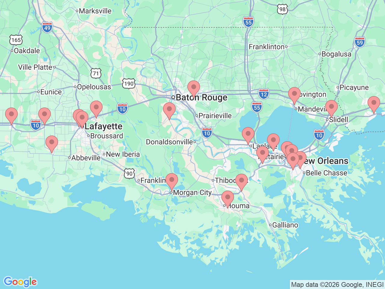 Map of Ochsner-affiliated facilities that provide services related to Emergency Medicine & Emergency Departments