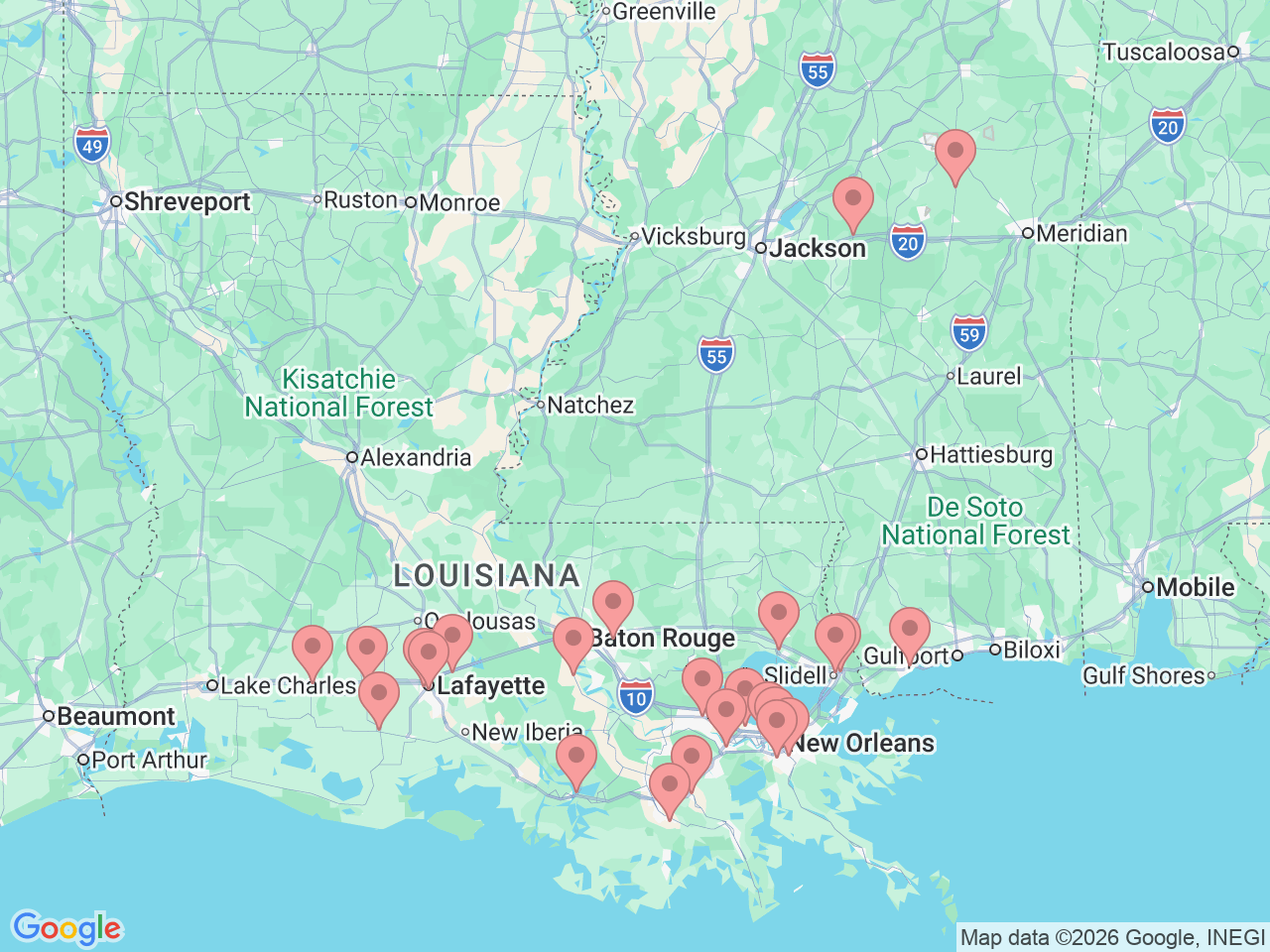 Map of Ochsner-affiliated facilities that provide services related to Emergency Medicine & Emergency Departments