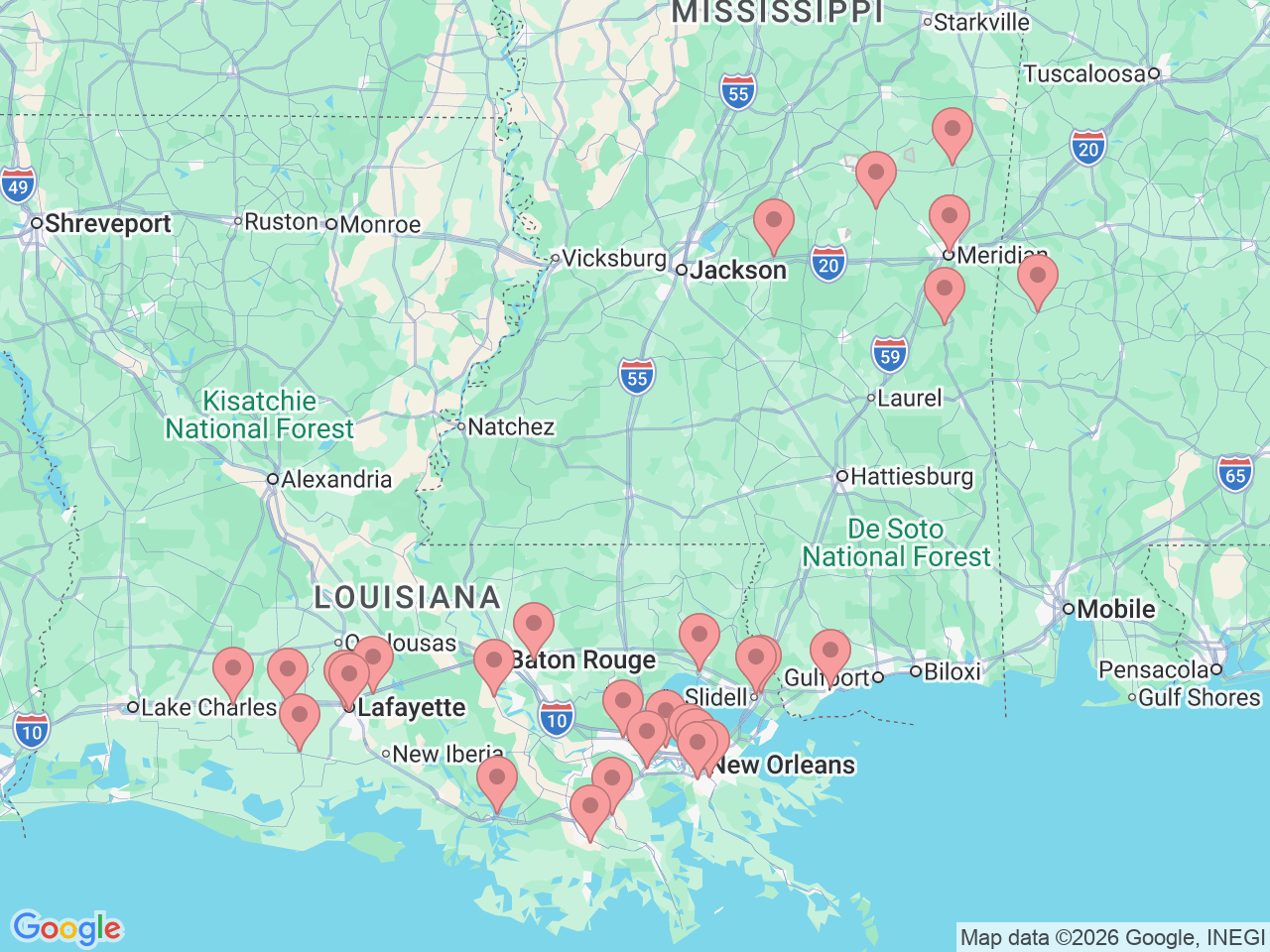 Map of Ochsner-affiliated facilities that provide services related to Emergency Medicine & Emergency Departments