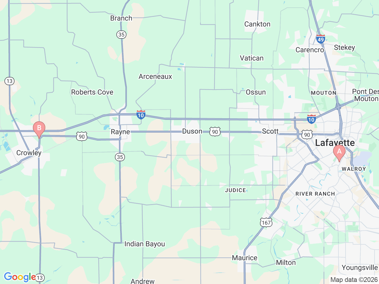 Map of Ochsner-affiliated facilities that provide services related to Endocrine Surgery