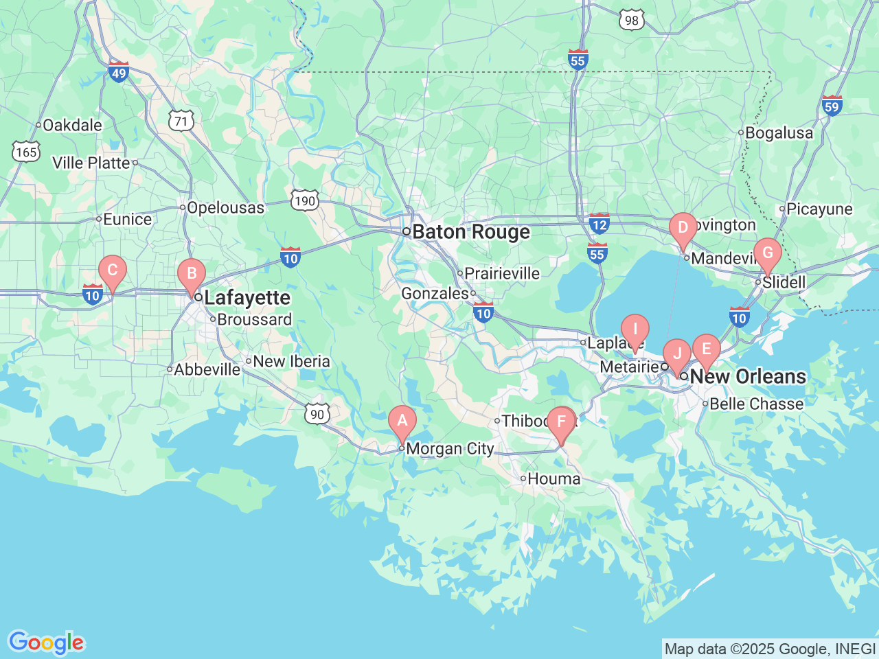 Map of Ochsner-affiliated facilities that provide services related to Endocrinology