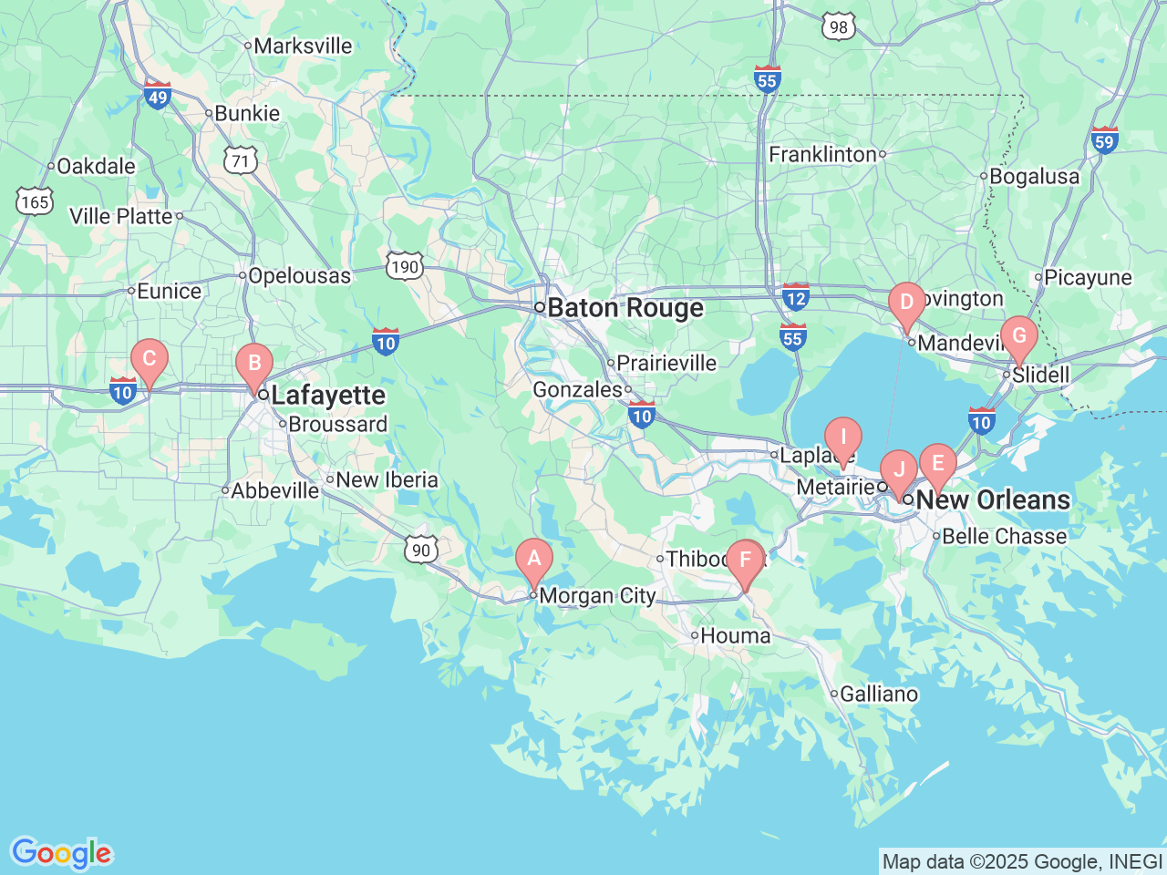 Map of Ochsner-affiliated facilities that provide services related to Endocrinology