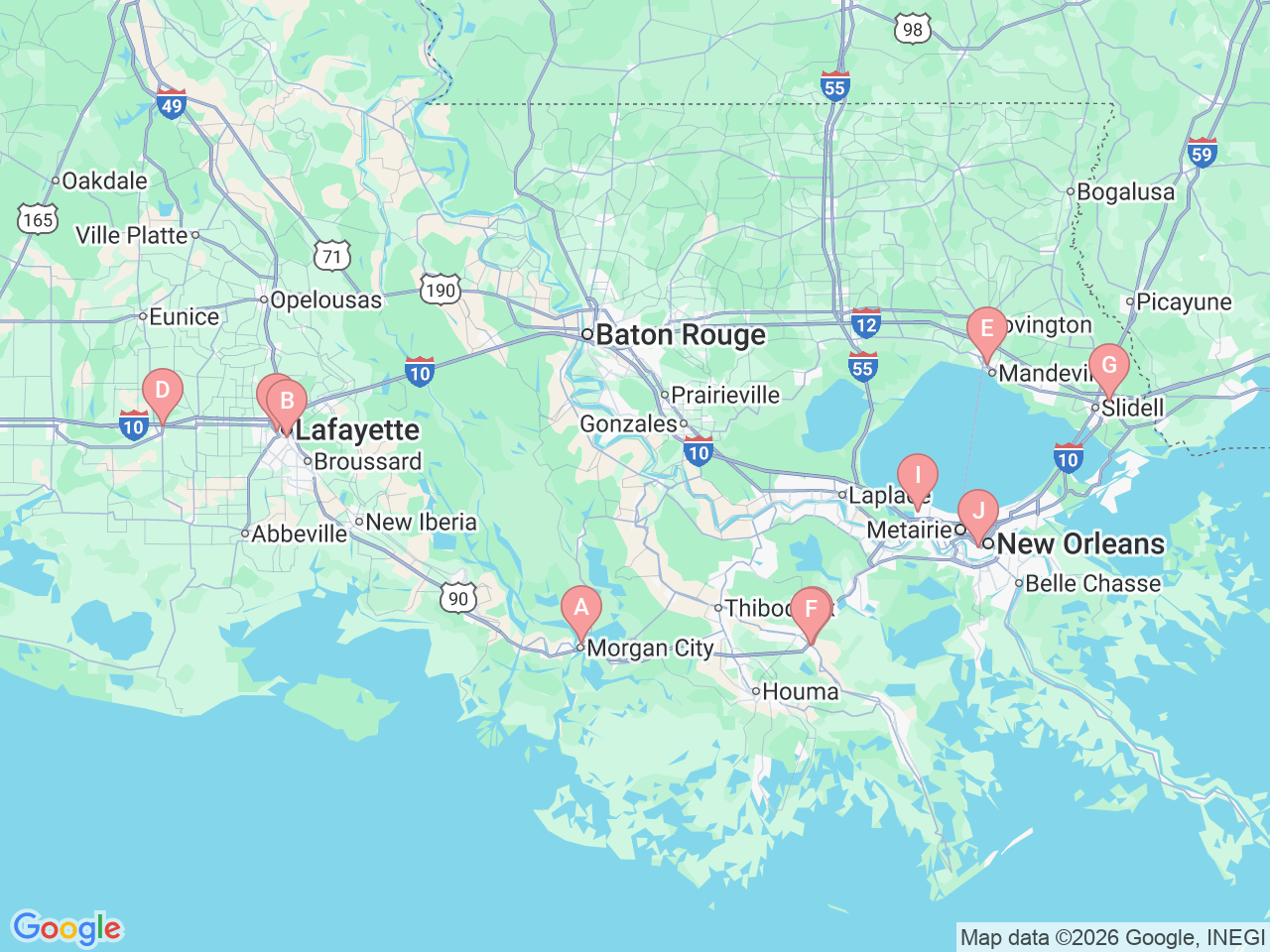 Map of Ochsner-affiliated facilities that provide services related to Endocrinology