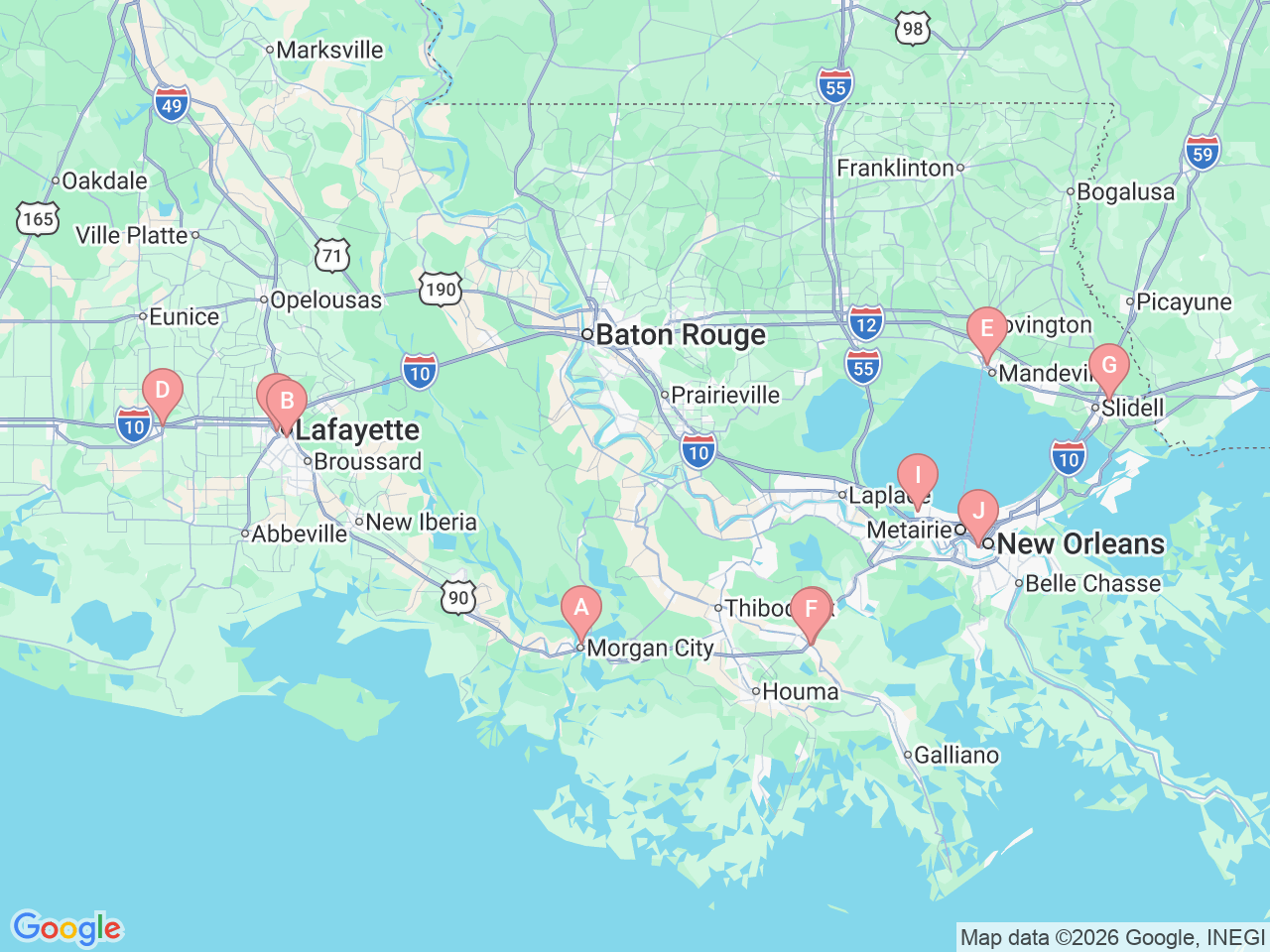 Map of Ochsner-affiliated facilities that provide services related to Endocrinology