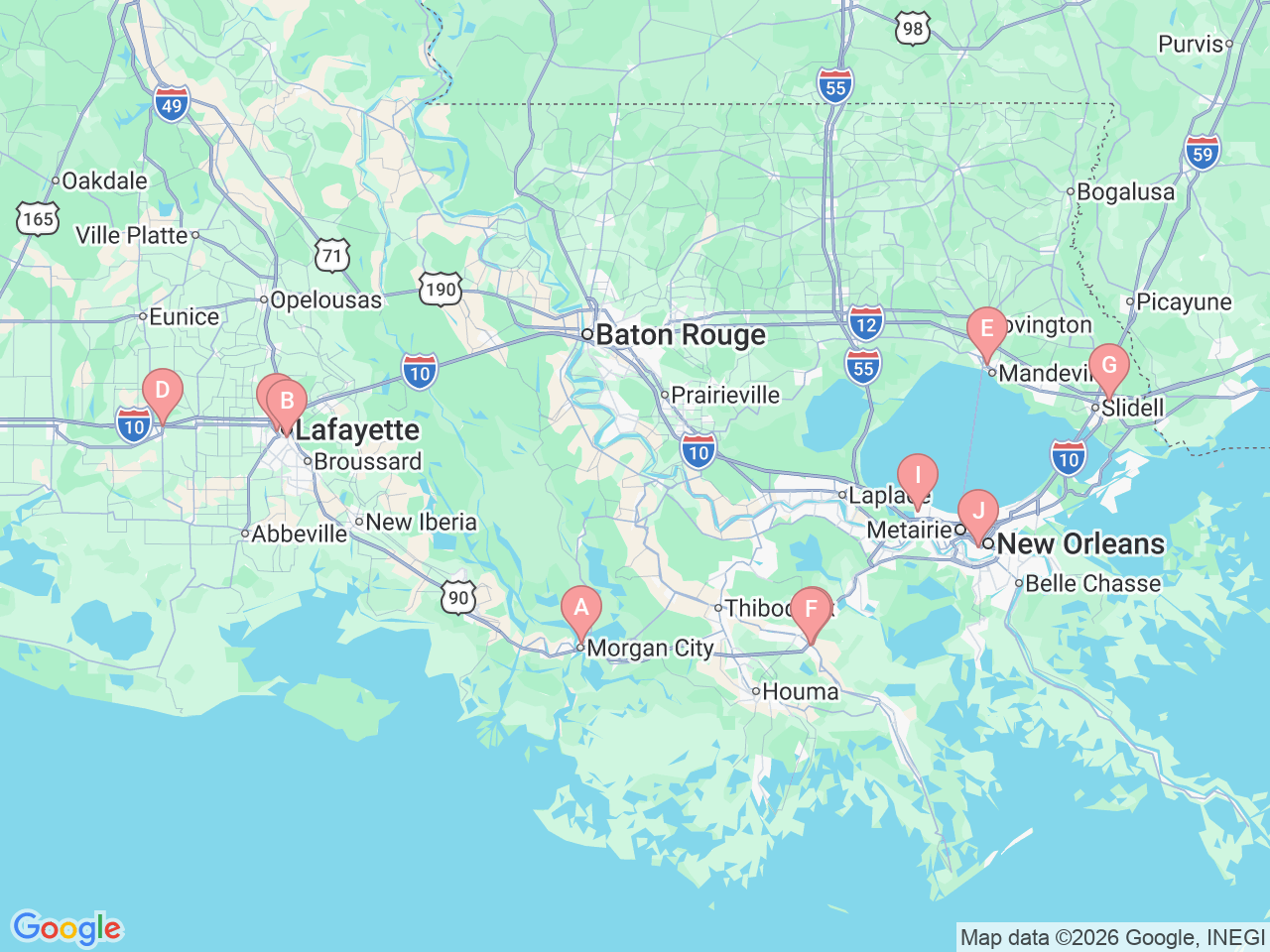 Map of Ochsner-affiliated facilities that provide services related to Endocrinology