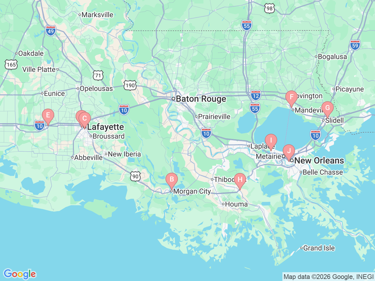 Map of Ochsner-affiliated facilities that provide services related to Endocrinology