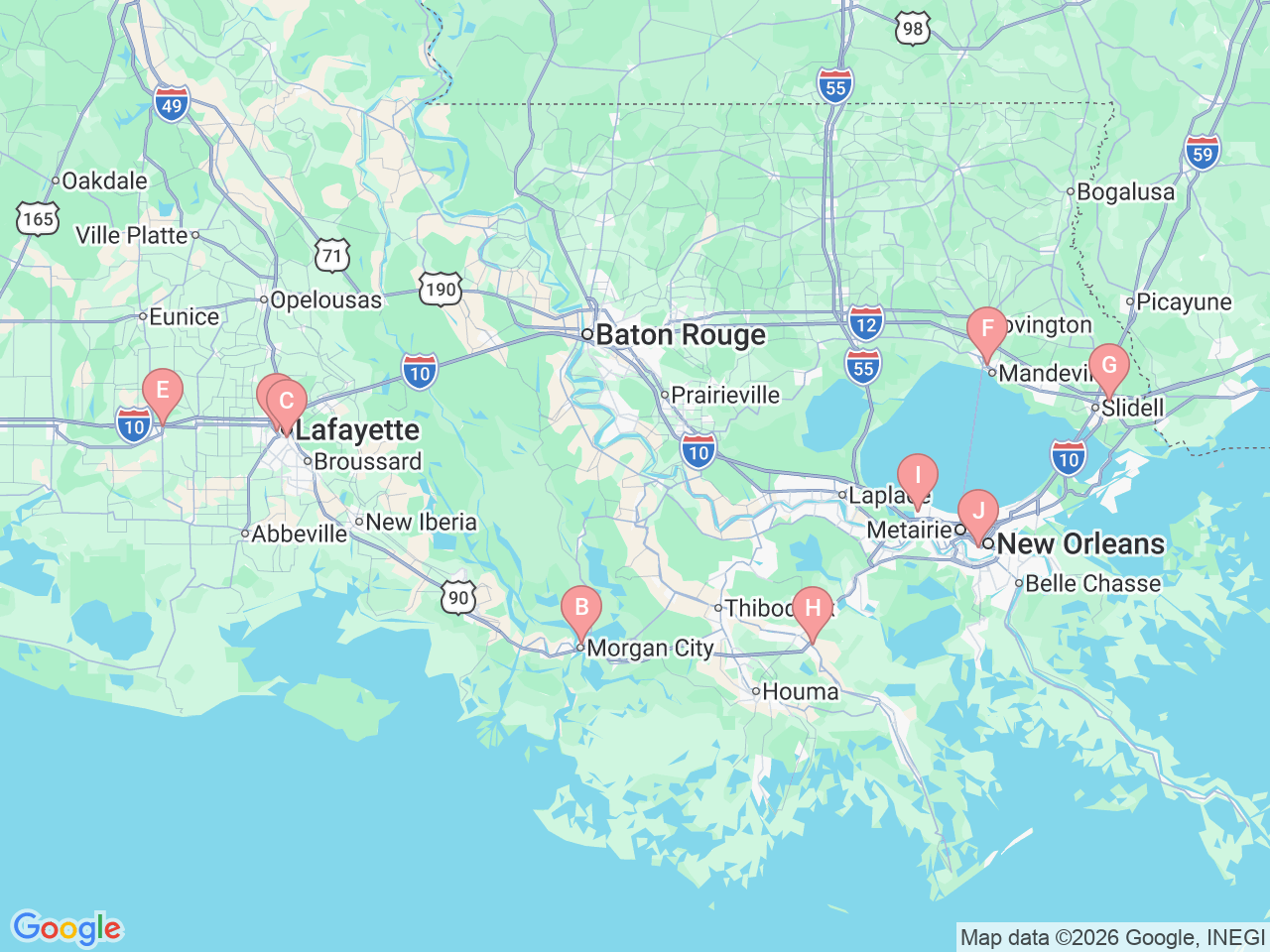 Map of Ochsner-affiliated facilities that provide services related to Endocrinology
