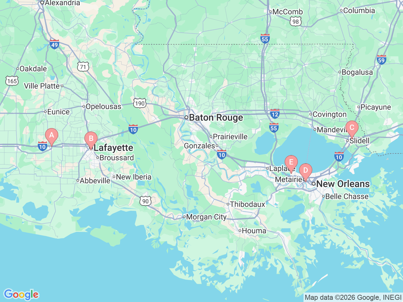 Map of Ochsner-affiliated facilities that provide services related to Epilepsy and Seizure Disorders