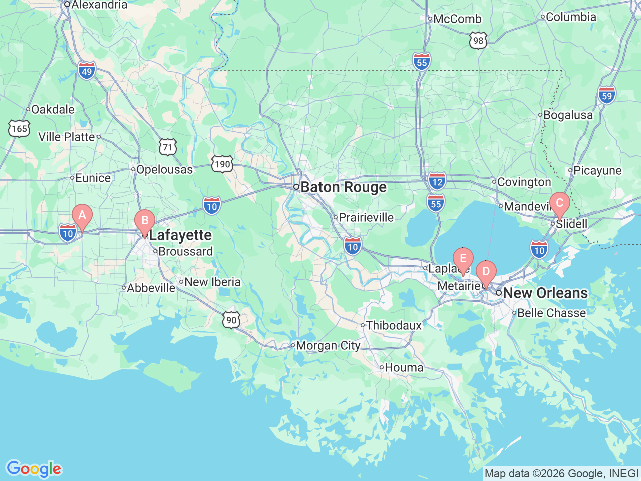 Map of Ochsner-affiliated facilities that provide services related to Epilepsy and Seizure Disorders