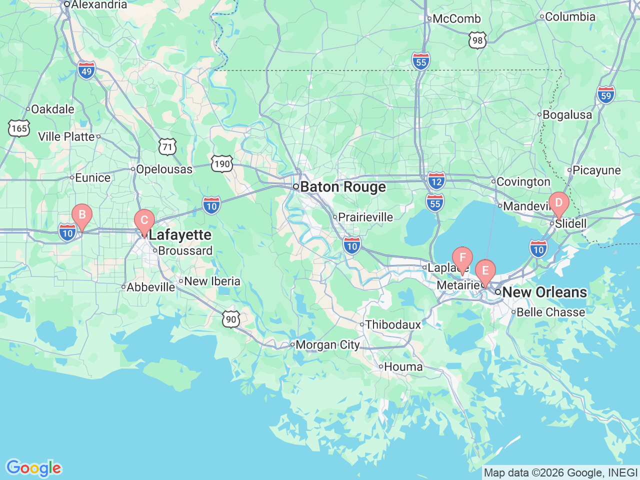 Map of Ochsner-affiliated facilities that provide services related to Epilepsy and Seizure Disorders