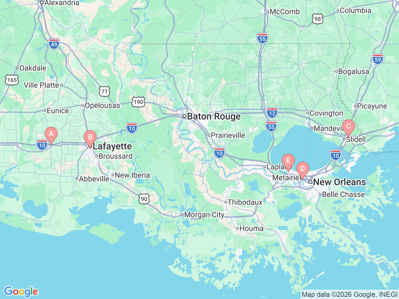 Map of Ochsner-affiliated facilities that provide services related to Epilepsy and Seizure Disorders