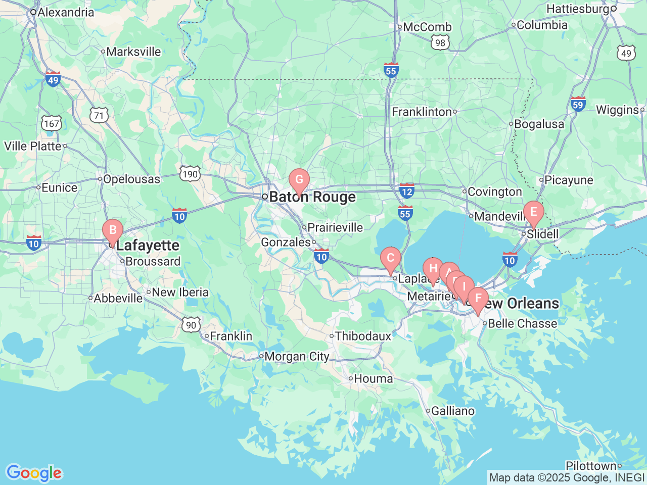 Map of Ochsner-affiliated facilities that provide services related to Erectile Dysfunction