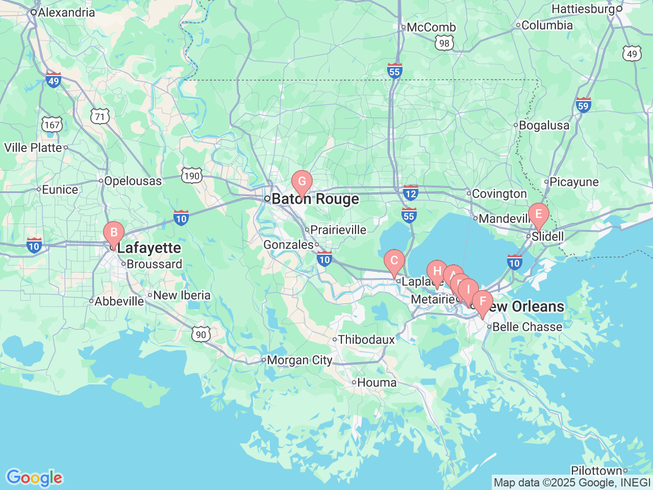 Map of Ochsner-affiliated facilities that provide services related to Erectile Dysfunction