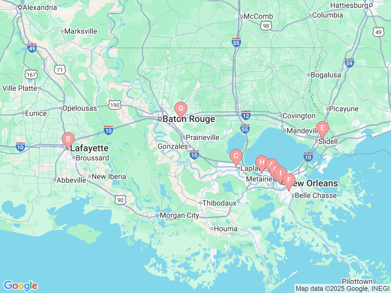 Map of Ochsner-affiliated facilities that provide services related to Erectile Dysfunction
