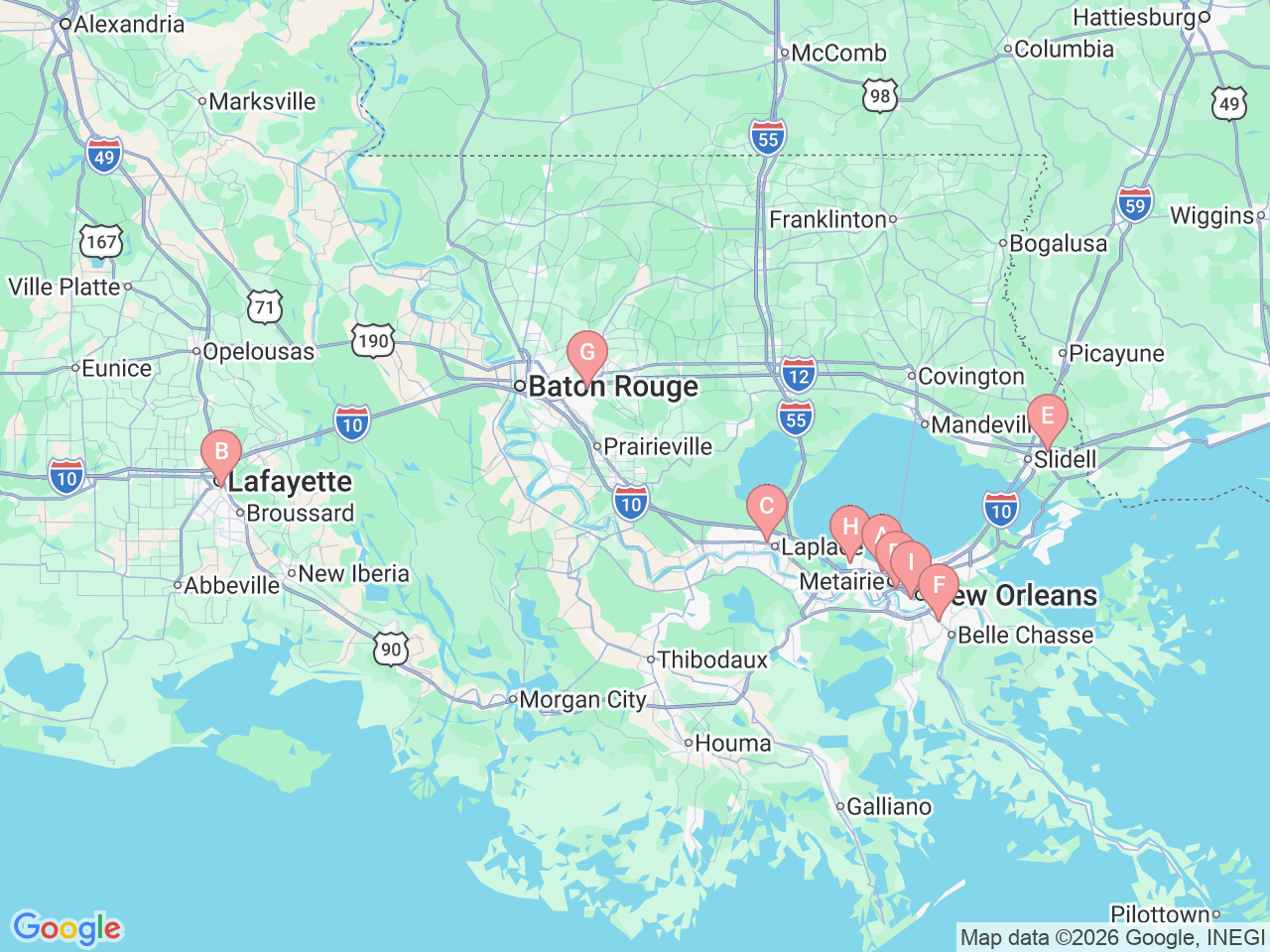 Map of Ochsner-affiliated facilities that provide services related to Erectile Dysfunction