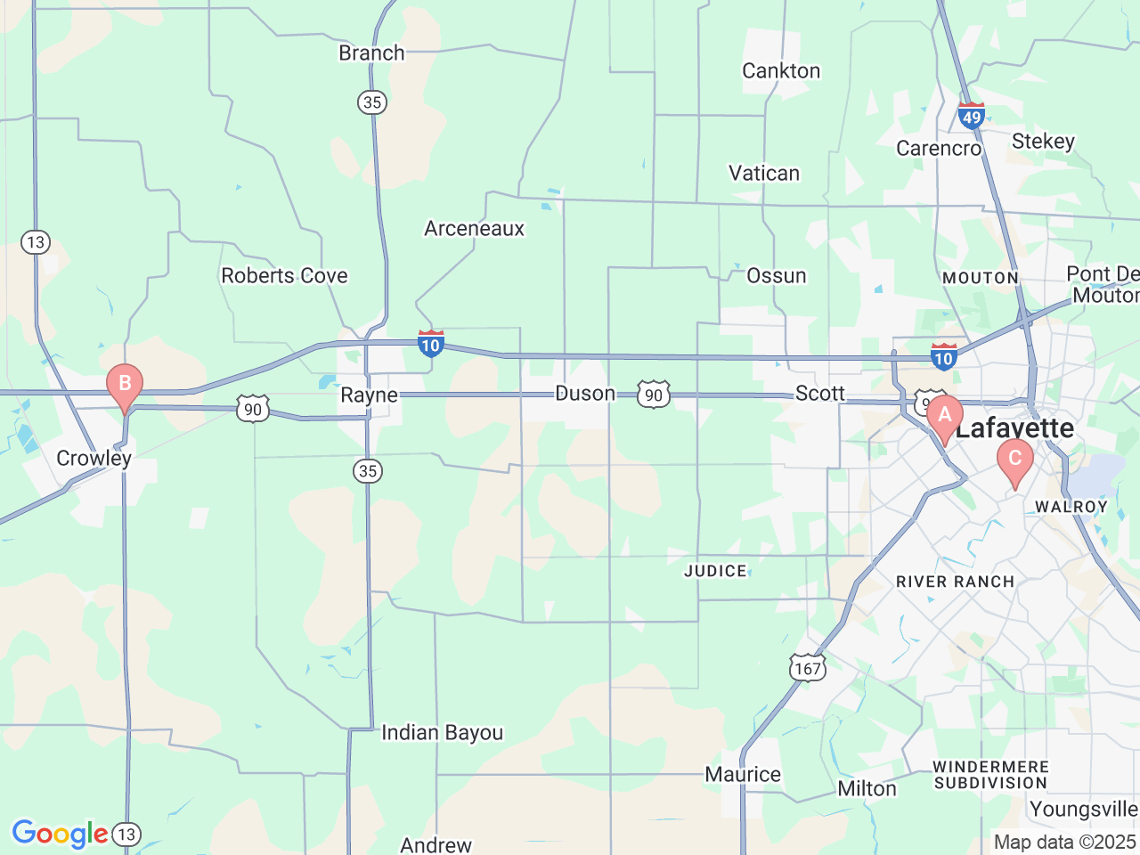 Map of Ochsner-affiliated facilities that provide services related to Esophageal and Swallowing Disorders Program