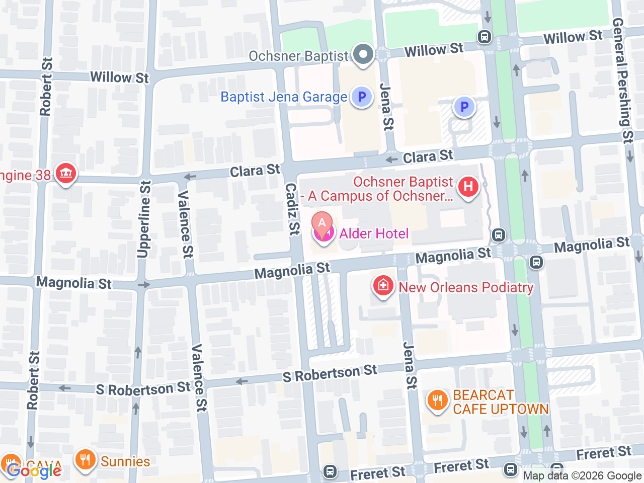 Map of Ochsner-affiliated facilities that provide services related to Ochsner Family Birthing Services at Ochsner Baptist