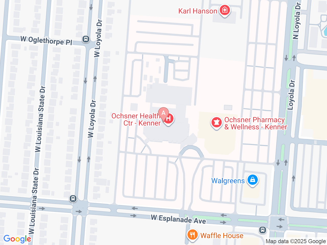 Map of Ochsner-affiliated facilities that provide services related to Family Birthing Services: Kenner