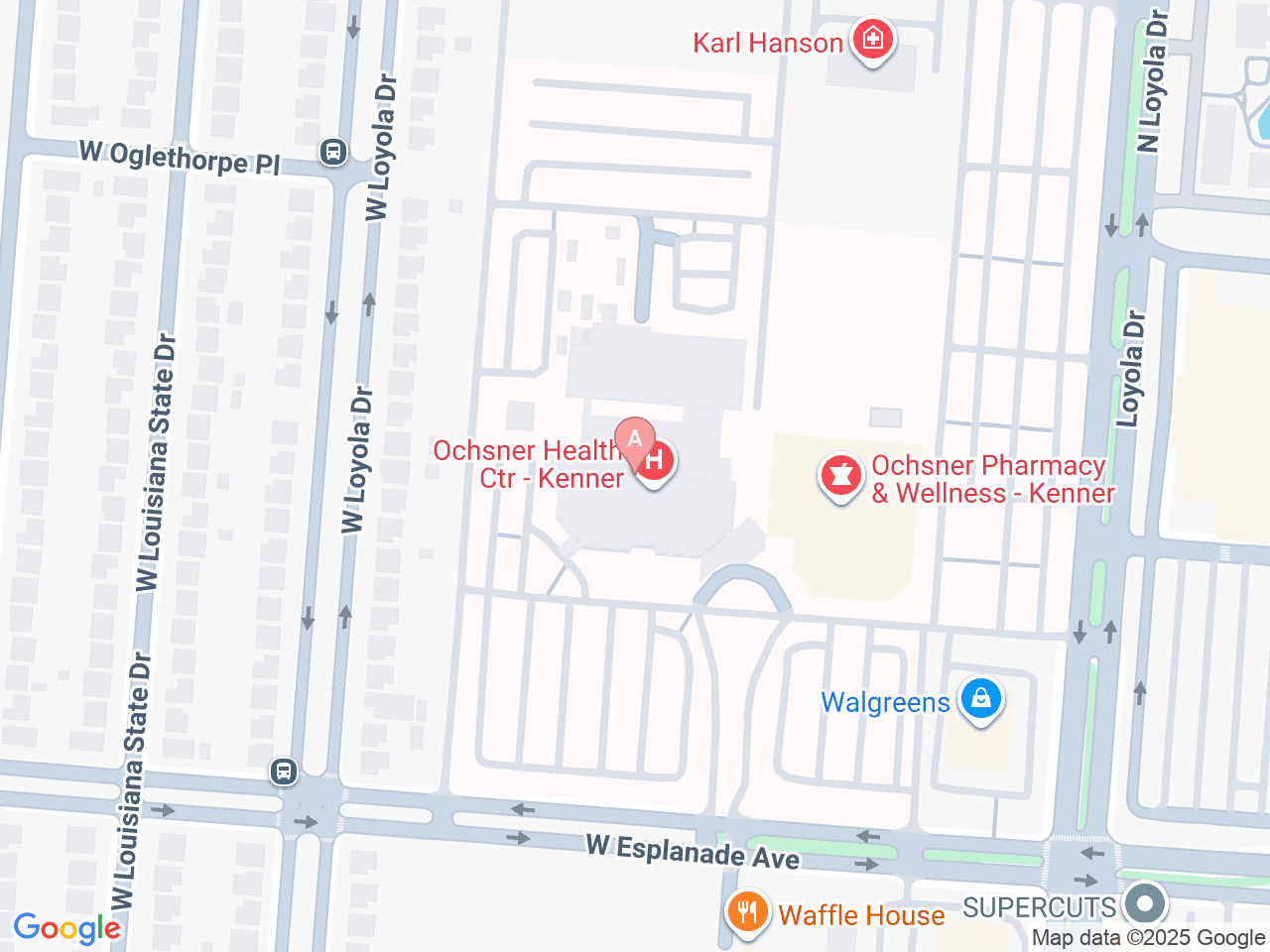 Map of Ochsner-affiliated facilities that provide services related to Family Birthing Services: Kenner