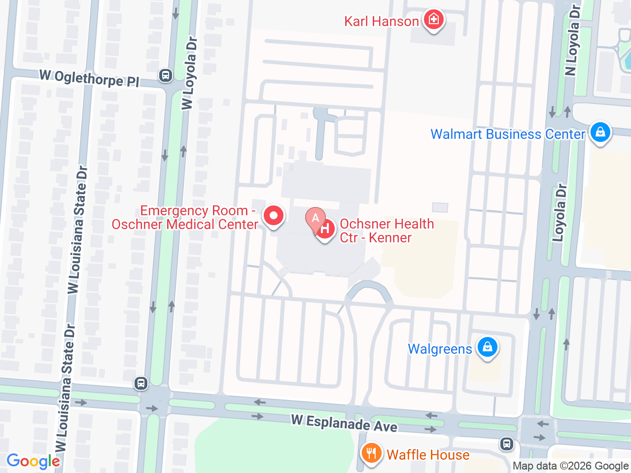 Map of Ochsner-affiliated facilities that provide services related to Family Birthing Services: Kenner