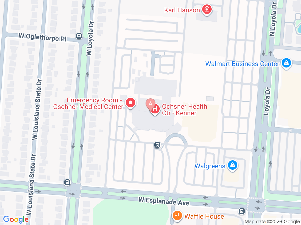 Map of Ochsner-affiliated facilities that provide services related to Family Birthing Services: Kenner