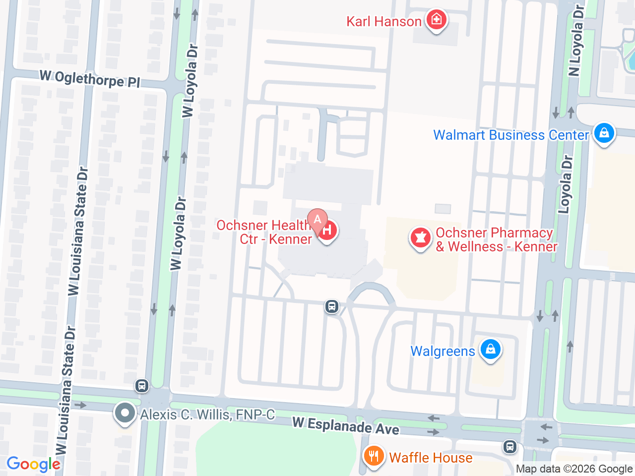 Map of Ochsner-affiliated facilities that provide services related to Family Birthing Services: Kenner