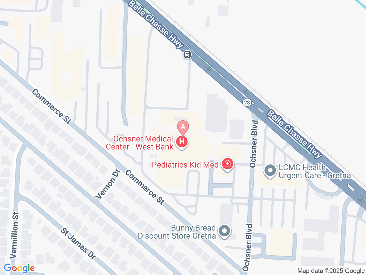 Map of Ochsner-affiliated facilities that provide services related to Family Birthing Services: West Bank