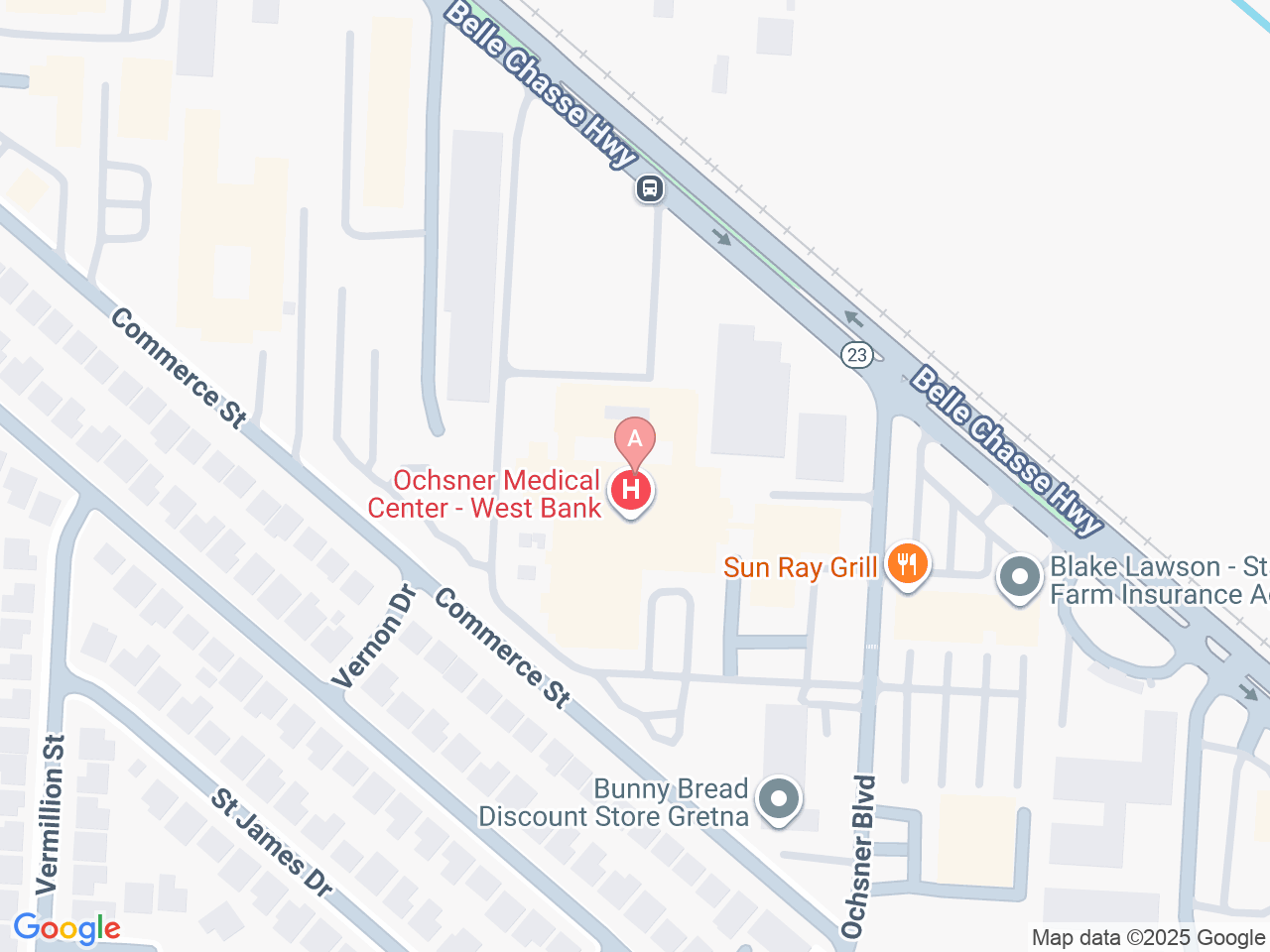 Map of Ochsner-affiliated facilities that provide services related to Family Birthing Services: West Bank