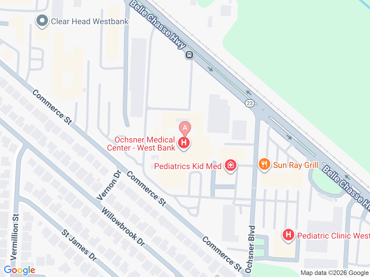 Map of Ochsner-affiliated facilities that provide services related to Family Birthing Services: West Bank