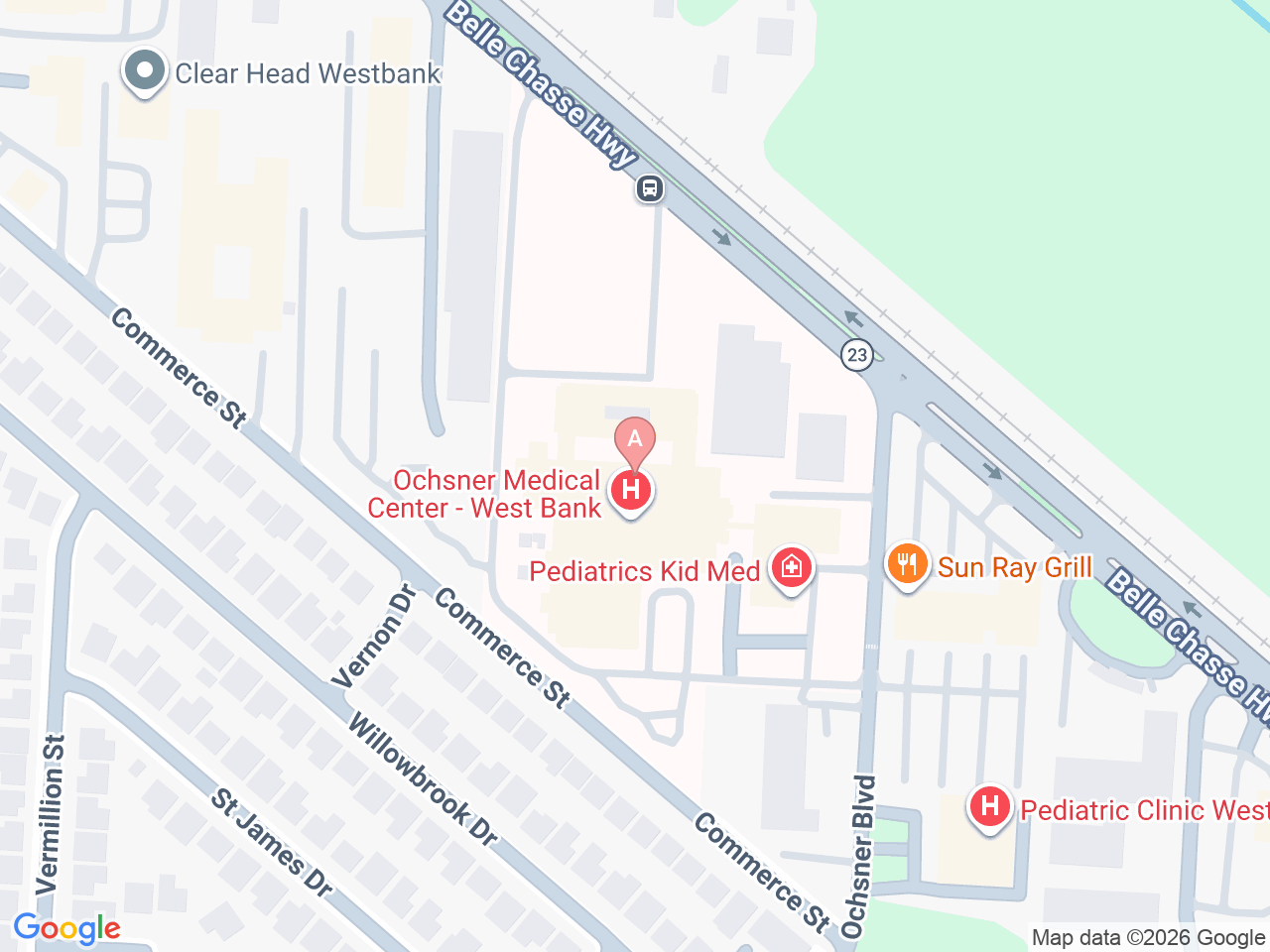 Map of Ochsner-affiliated facilities that provide services related to Family Birthing Services: West Bank
