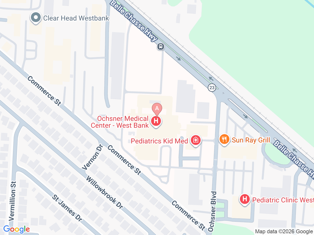 Map of Ochsner-affiliated facilities that provide services related to Family Birthing Services: West Bank