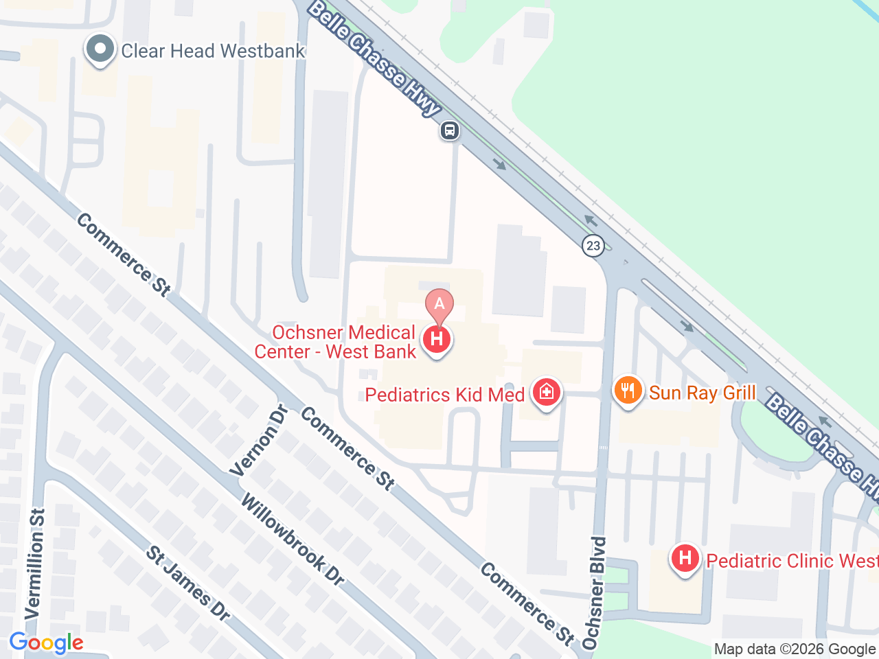 Map of Ochsner-affiliated facilities that provide services related to Family Birthing Services: West Bank