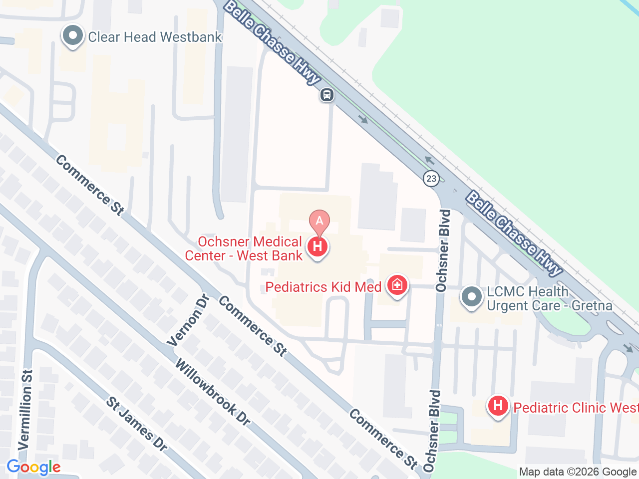 Map of Ochsner-affiliated facilities that provide services related to Family Birthing Services: West Bank