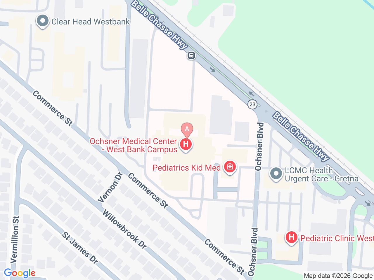 Map of Ochsner-affiliated facilities that provide services related to Family Birthing Services: West Bank