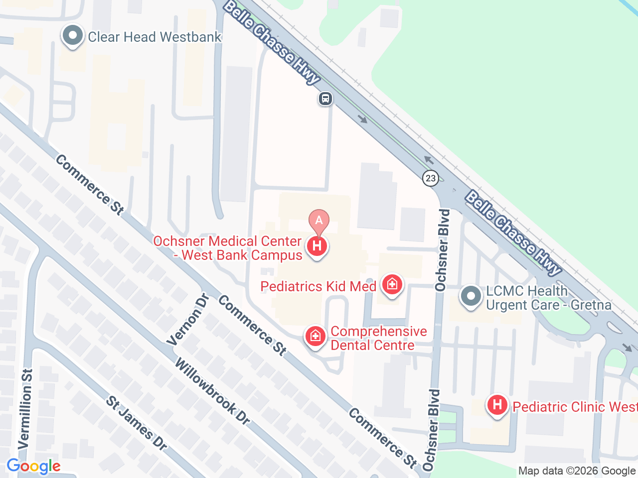 Map of Ochsner-affiliated facilities that provide services related to Family Birthing Services: West Bank