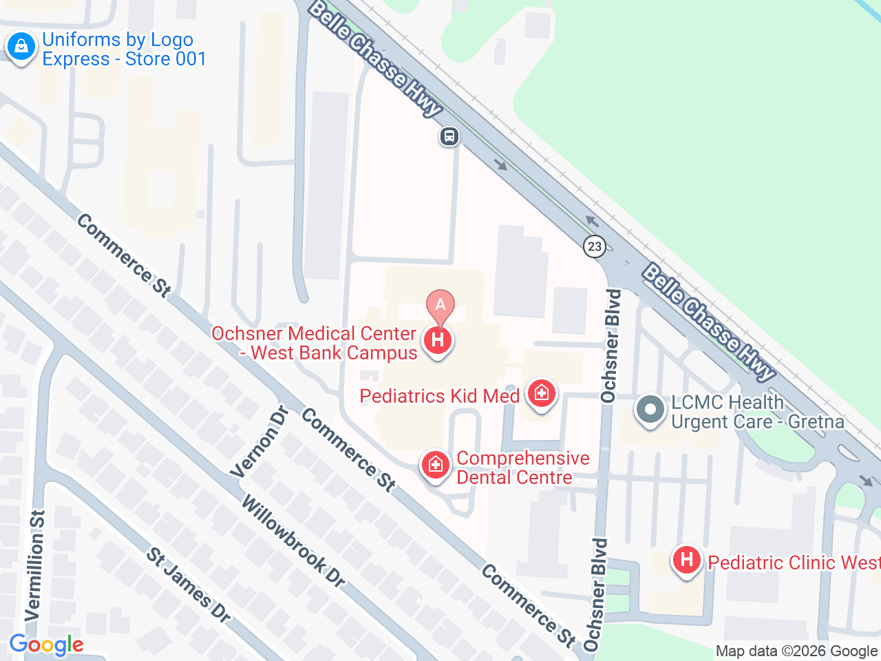Map of Ochsner-affiliated facilities that provide services related to Family Birthing Services: West Bank