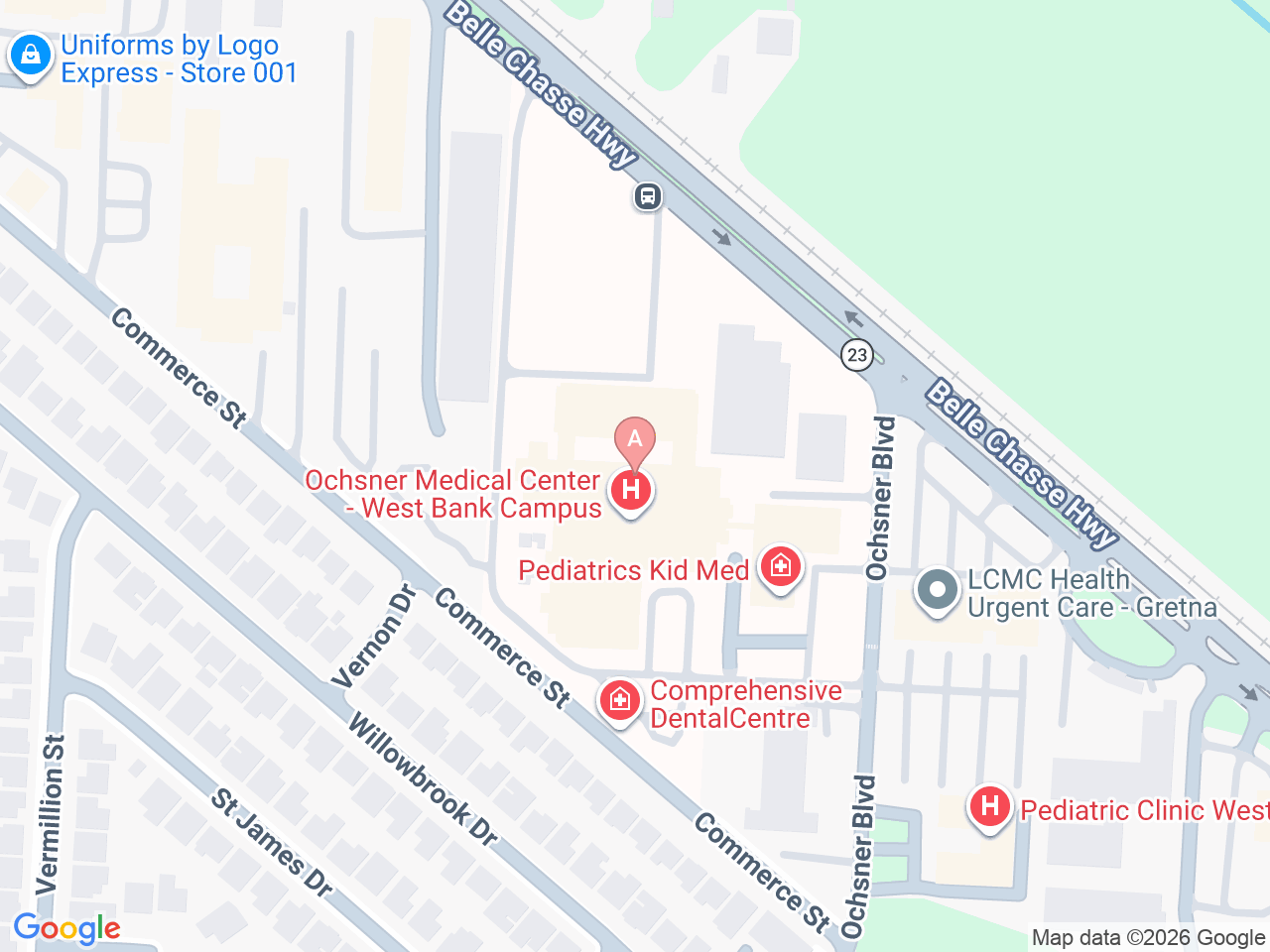 Map of Ochsner-affiliated facilities that provide services related to Family Birthing Services: West Bank