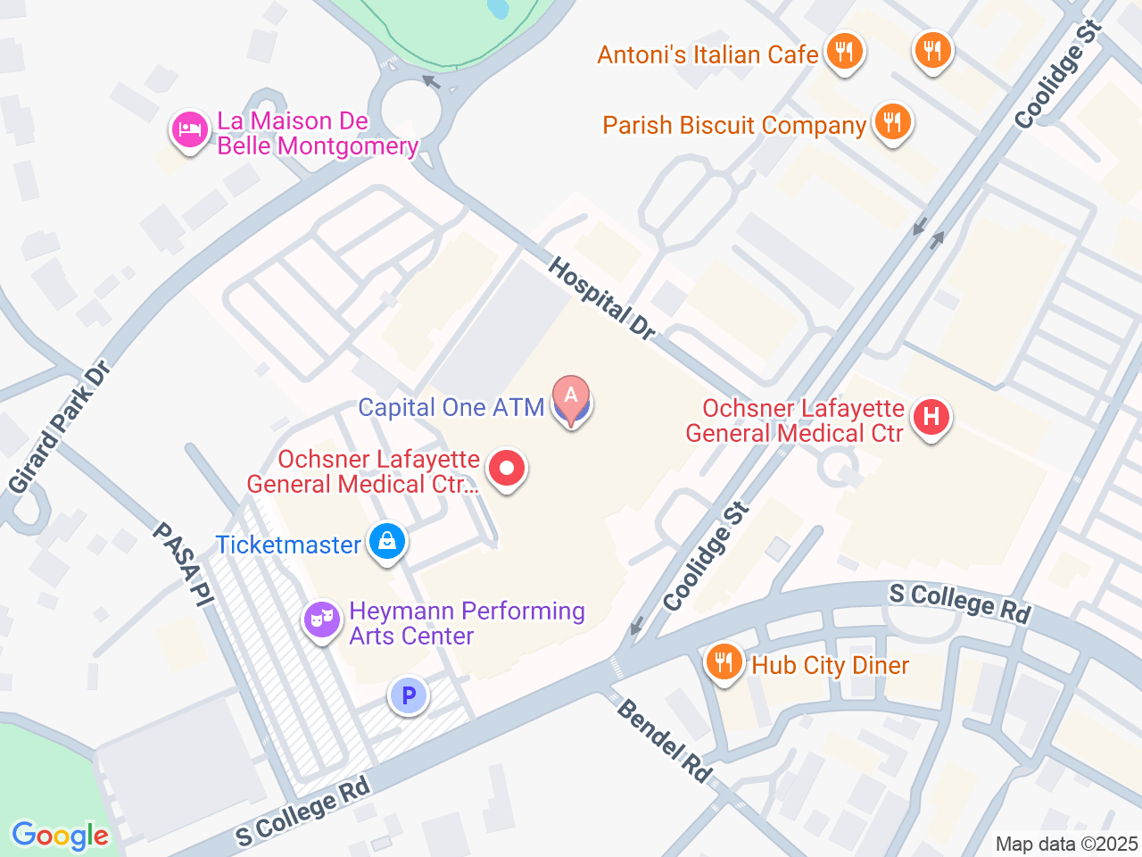 Map of Ochsner-affiliated facilities that provide services related to Family Birthing Services: Ochsner Lafayette General