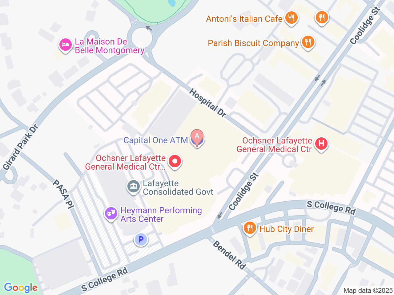 Map of Ochsner-affiliated facilities that provide services related to Family Birthing Services: Ochsner Lafayette General