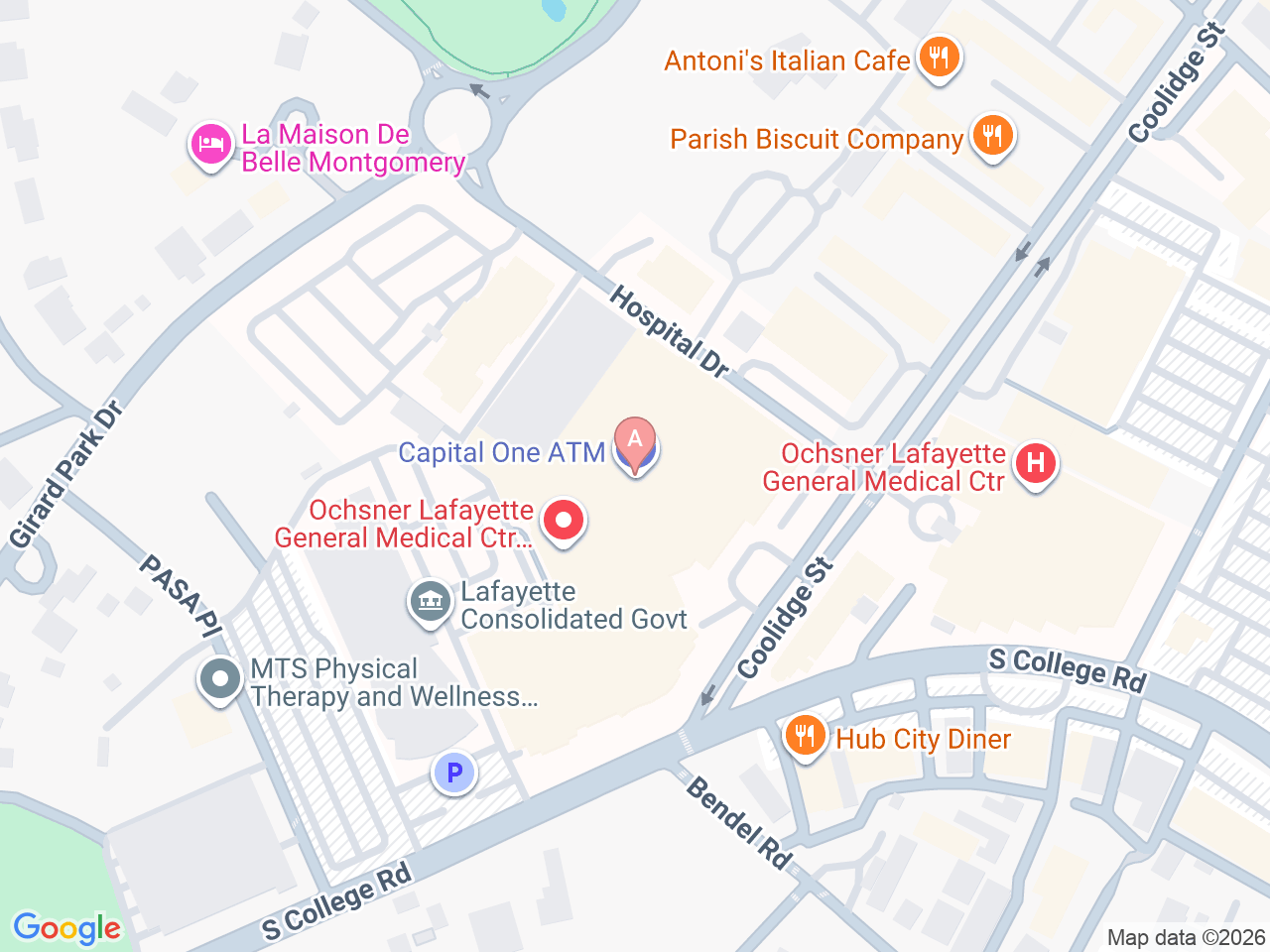 Map of Ochsner-affiliated facilities that provide services related to Family Birthing Services: Ochsner Lafayette General