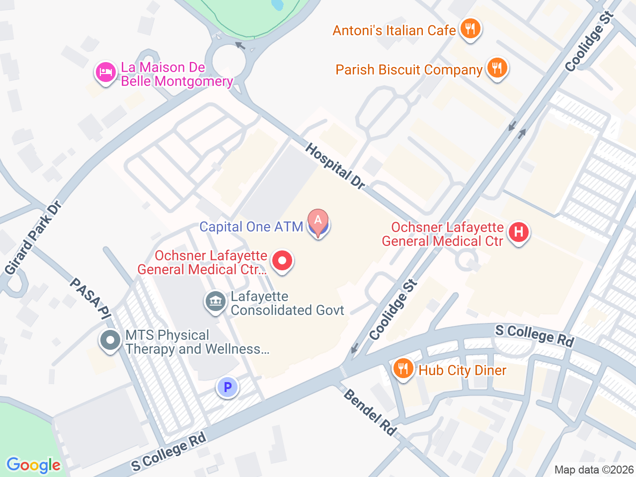 Map of Ochsner-affiliated facilities that provide services related to Family Birthing Services: Ochsner Lafayette General