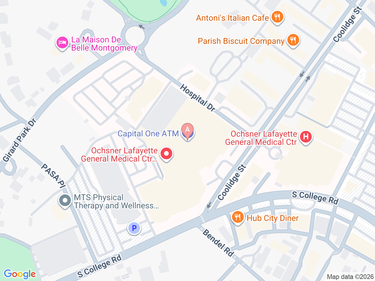 Map of Ochsner-affiliated facilities that provide services related to Family Birthing Services: Ochsner Lafayette General