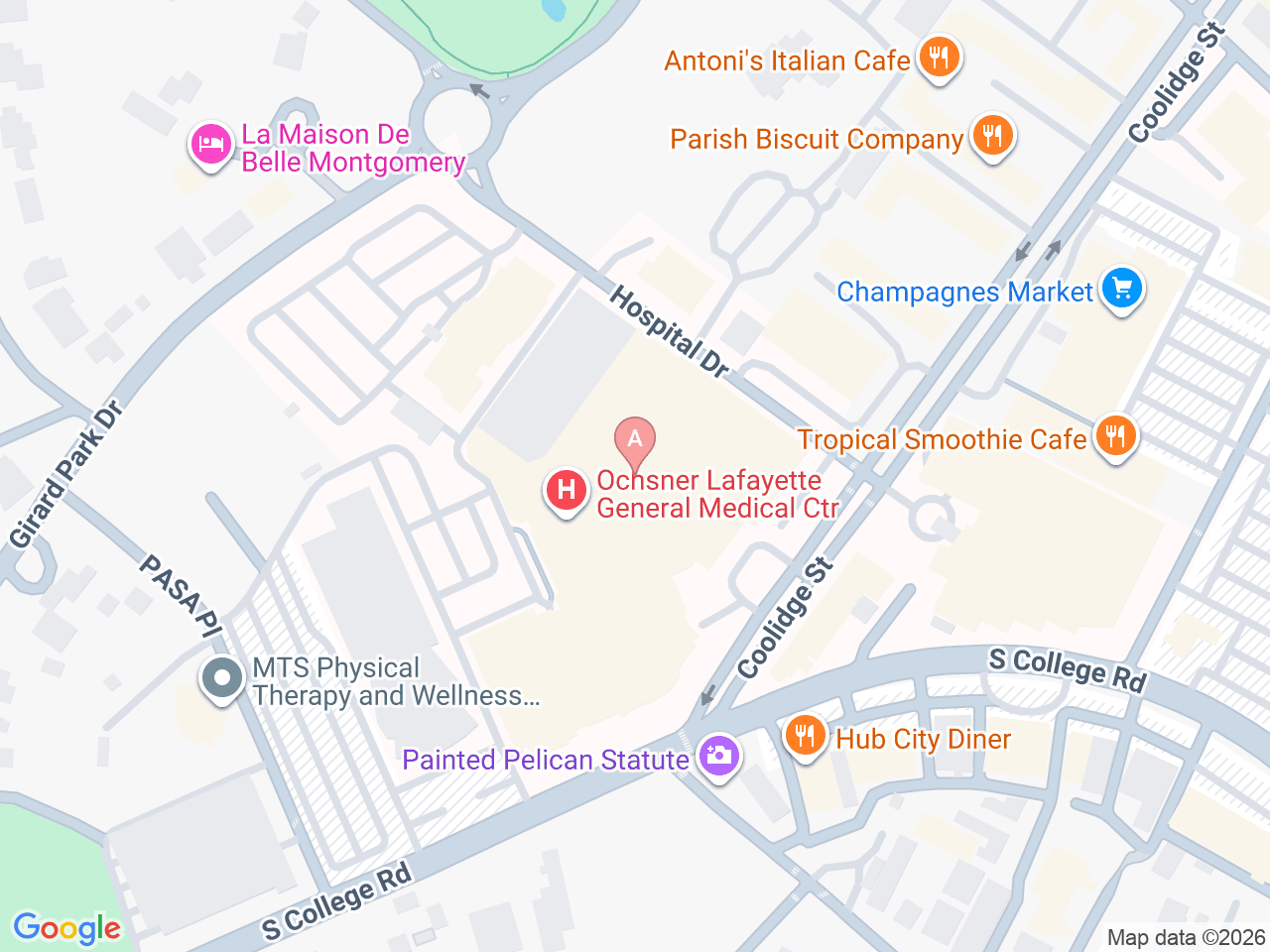 Map of Ochsner-affiliated facilities that provide services related to Family Birthing Services: Ochsner Lafayette General