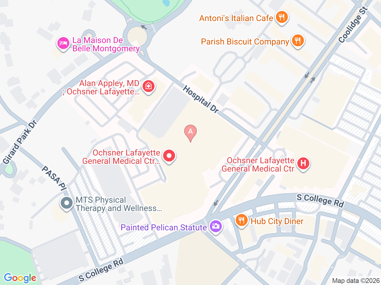 Map of Ochsner-affiliated facilities that provide services related to Family Birthing Services: Ochsner Lafayette General