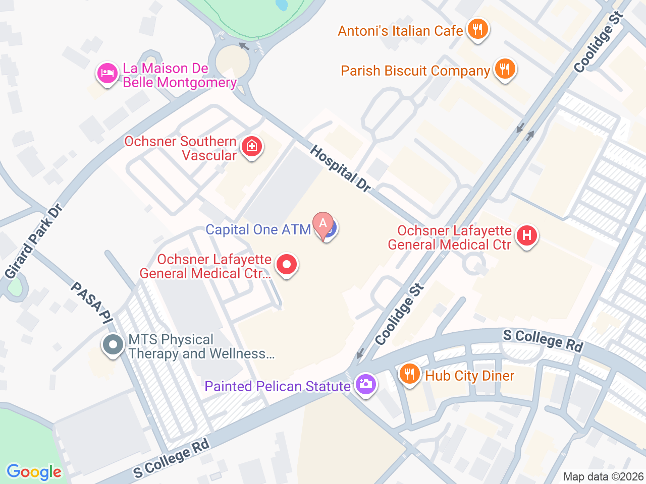 Map of Ochsner-affiliated facilities that provide services related to Family Birthing Services: Ochsner Lafayette General