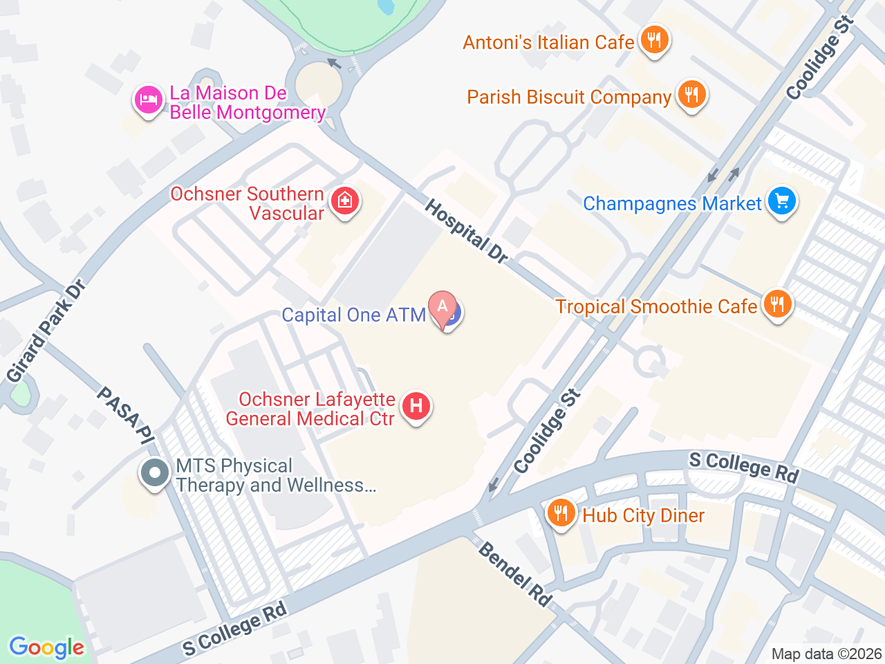 Map of Ochsner-affiliated facilities that provide services related to Family Birthing Services: Ochsner Lafayette General
