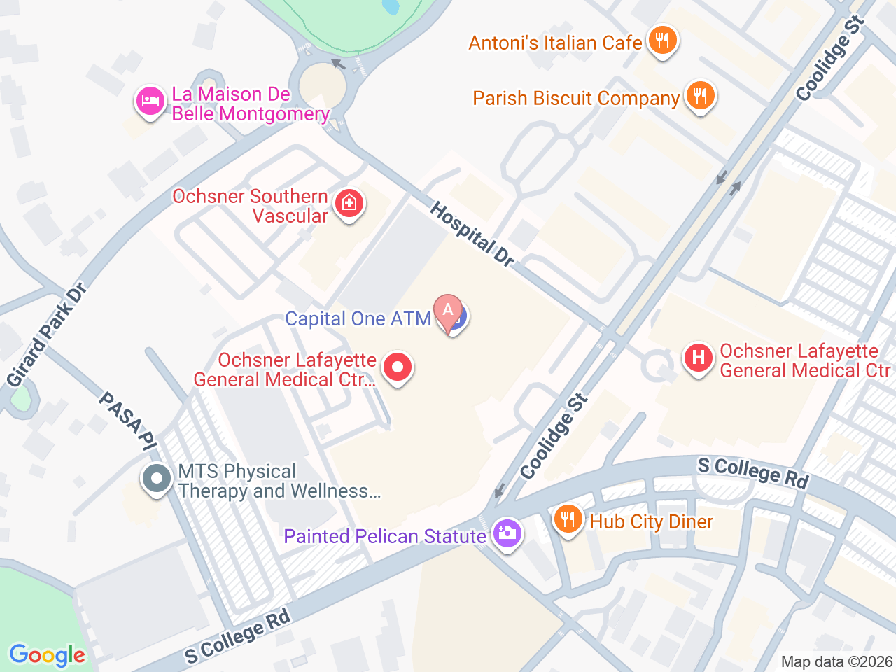 Map of Ochsner-affiliated facilities that provide services related to Family Birthing Services: Ochsner Lafayette General