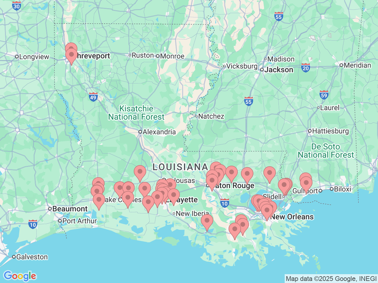Map of Ochsner-affiliated facilities that provide services related to Family Medicine