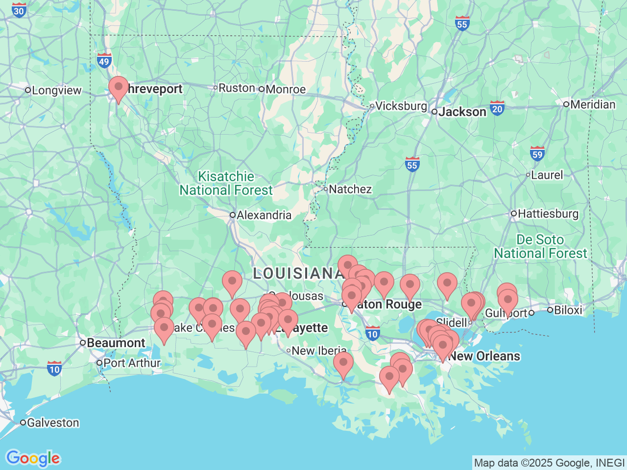 Map of Ochsner-affiliated facilities that provide services related to Family Medicine