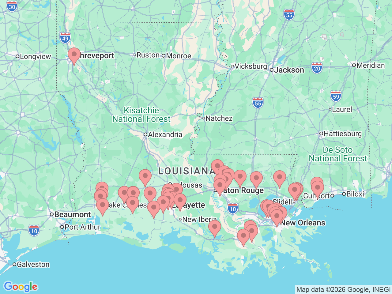 Map of Ochsner-affiliated facilities that provide services related to Family Medicine